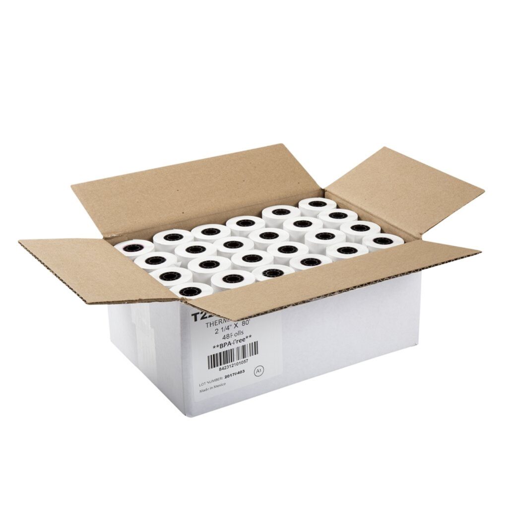 A box full of rolls of paper in a white background.