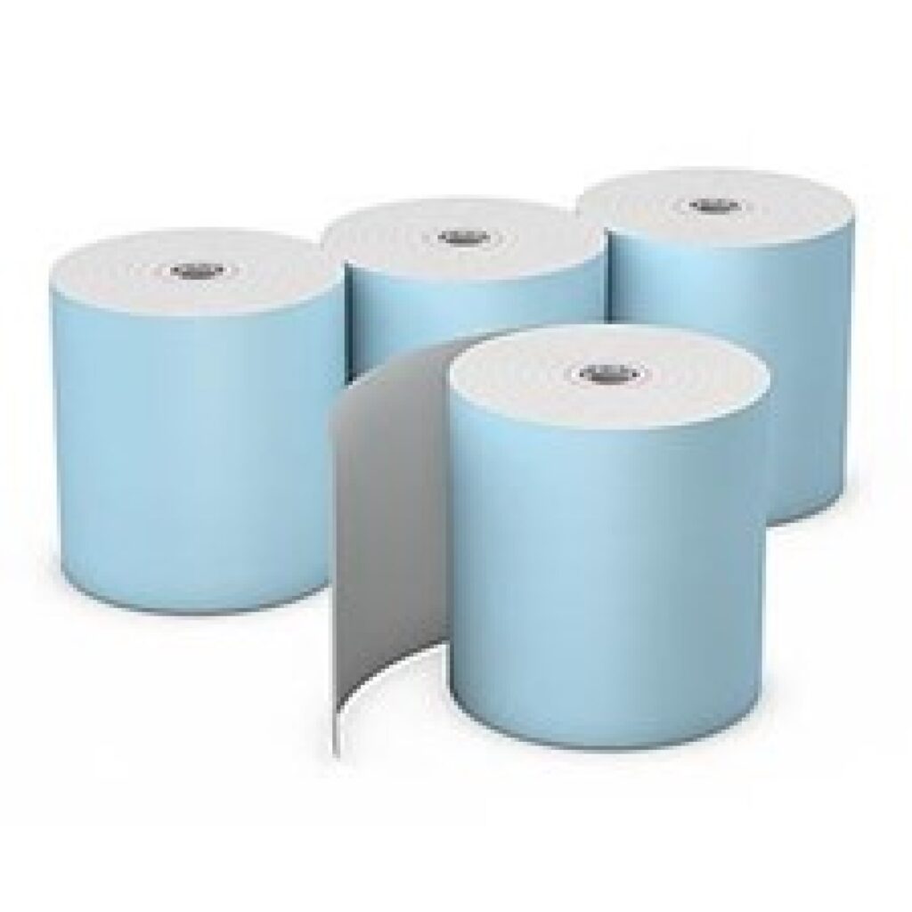 Four rolls of blue thermal paper on a white background.